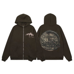 Streetwear Vintage Coin Graphic Full-Zip Hoodie - Coffee Brown