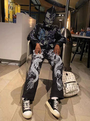Streetwear Graphic Skeleton Full-Zip Hoodie - Black/Blue