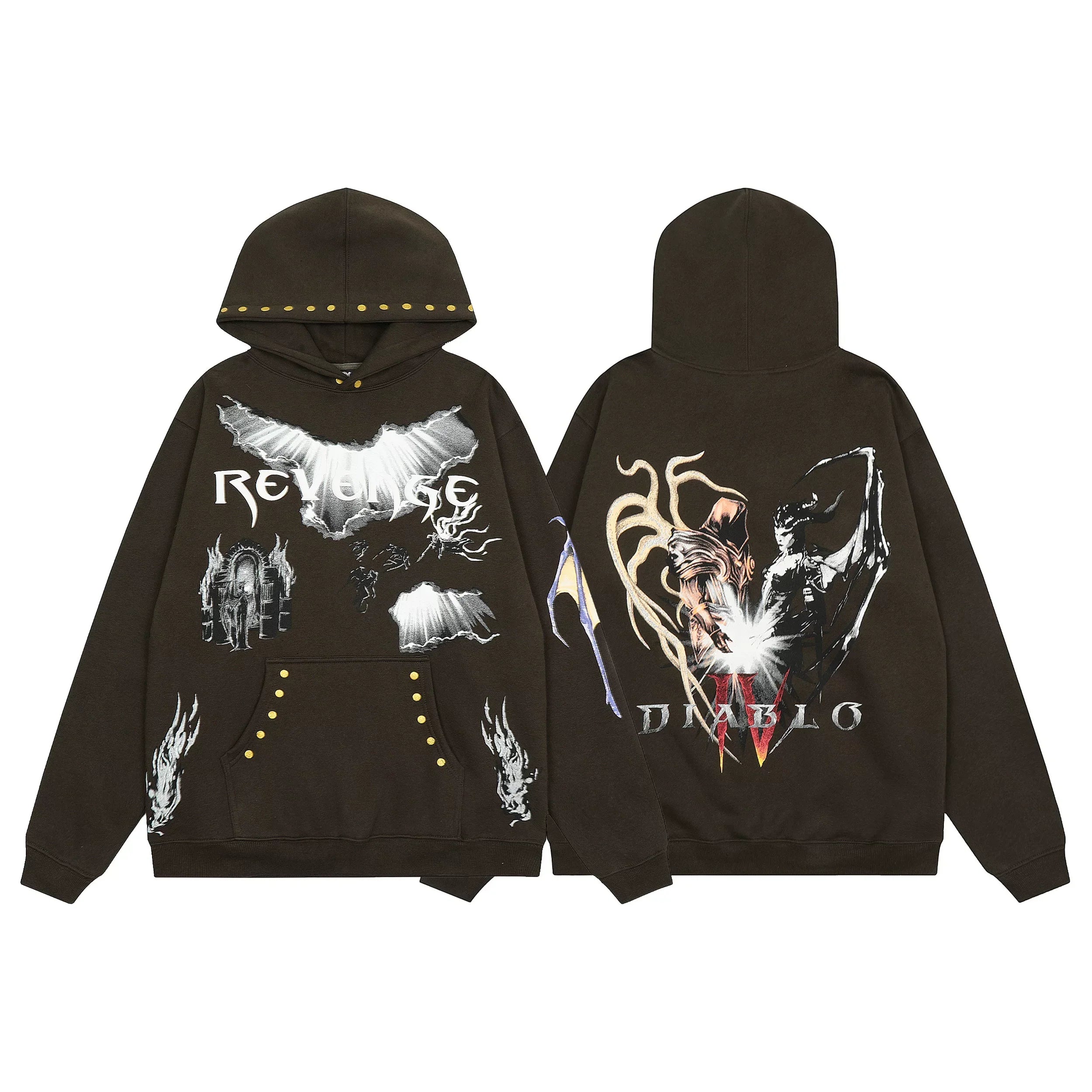 Revenge x Diablo IV Brown Studded Arch Logo & Characters Pullover Hoodie
