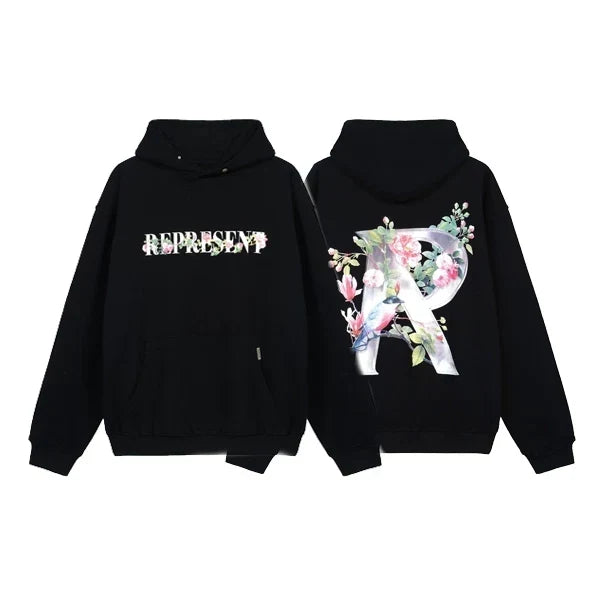 Represent Floral & Metal "R" Graphic Heavyweight Hoodie - Black