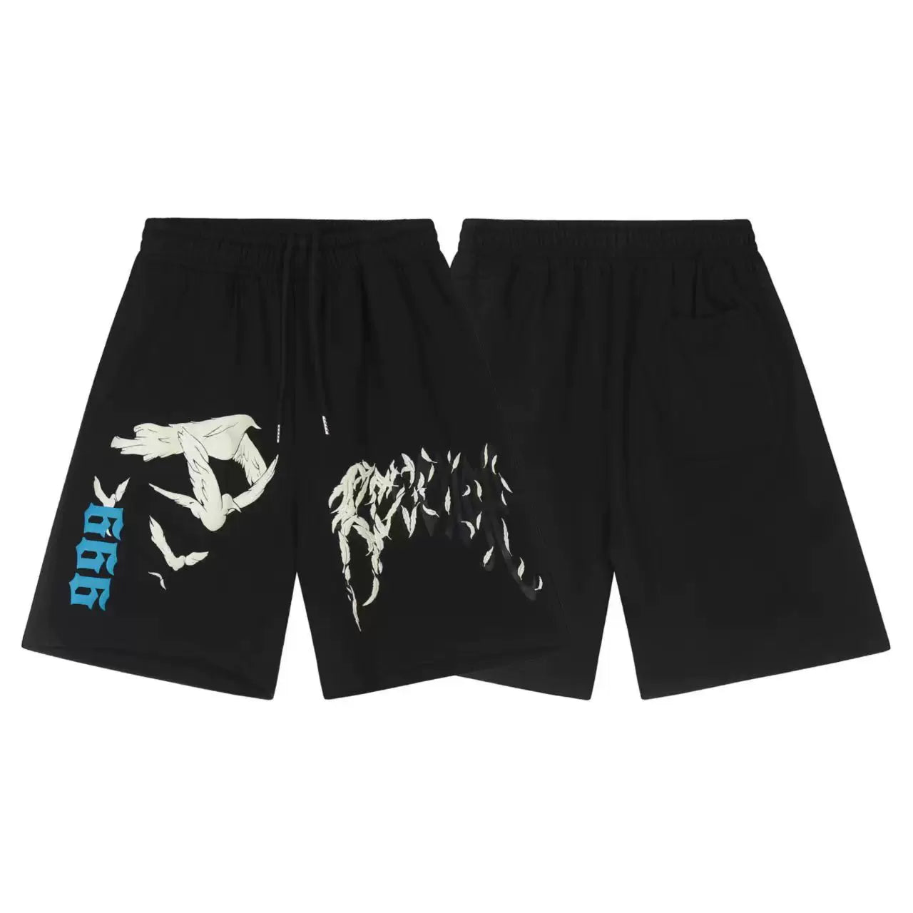 Revenge Graphic "999" & Gothic Logo Shorts - Black