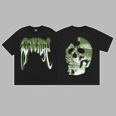 Revenge Green & Silver Gradient Arch Logo & Broken Skull Graphic Short Sleeve T-Shirt Black