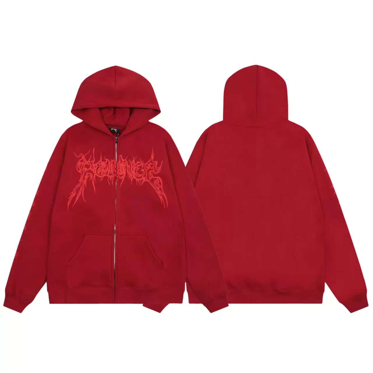 Streetwear Gothic Script Logo Full-Zip Hoodie - Burgundy