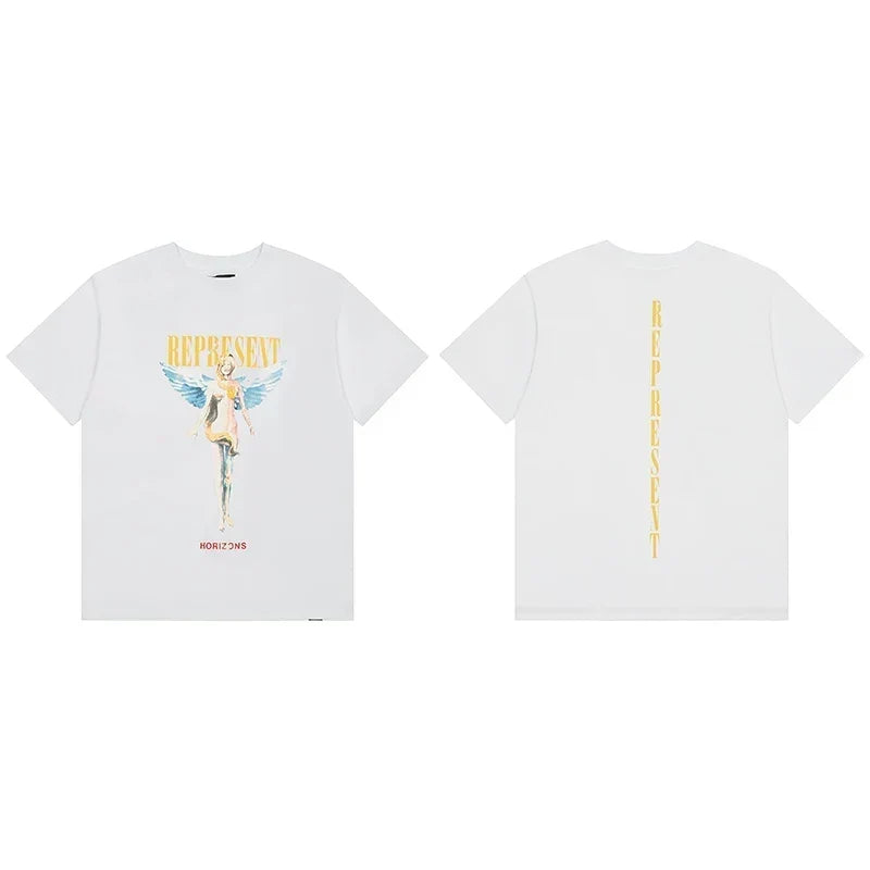 Represent Angel Figurine & Vertical Logo Graphic T-Shirt - White