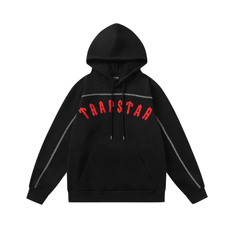 Trapstar Style Autumn/Winter Contrast Stitching Logo Hoodie - Black/Red