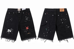 Gallery Dept. Raw-Edge Distressed Paint Splatter Denim Shorts - Black