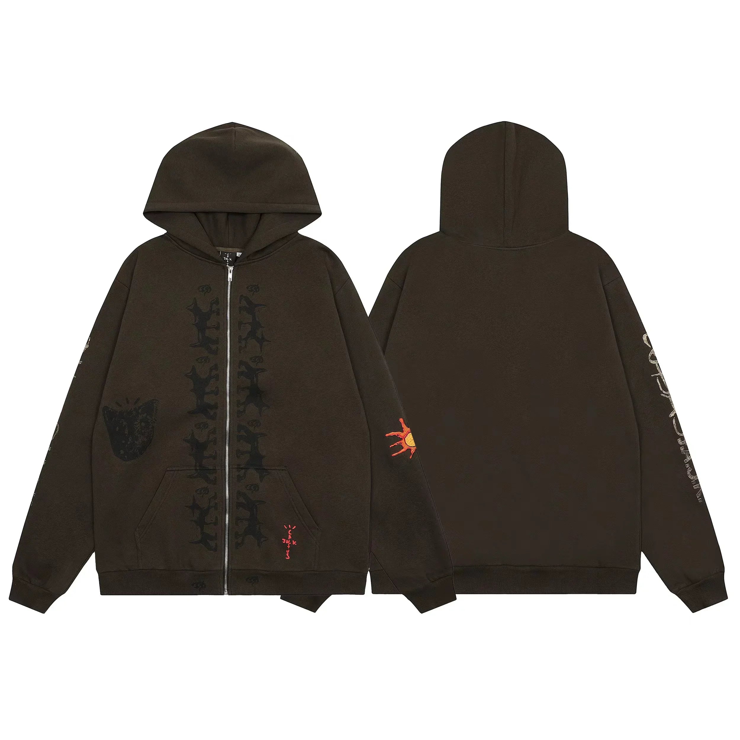 Streetwear Vintage Tapestry Zip-Up Hoodie - Dark Brown