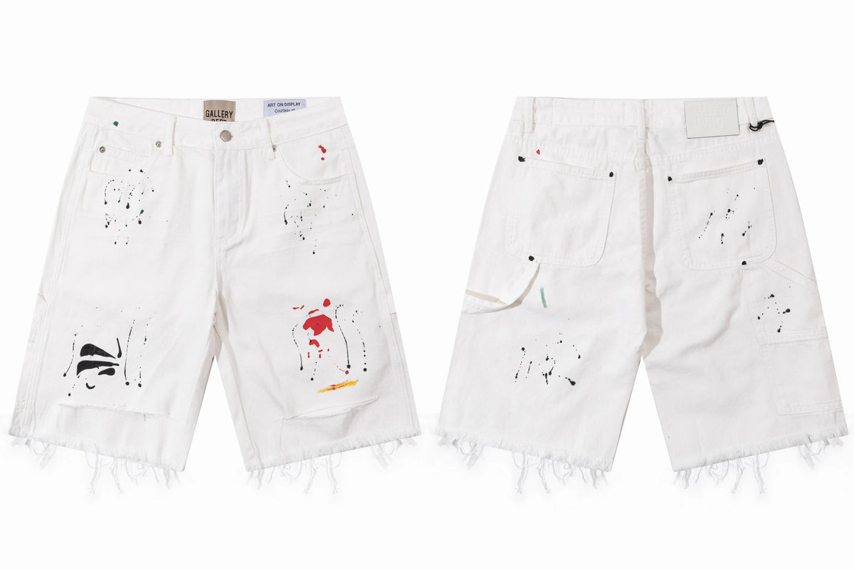 Gallery Dept. Raw-Edge Distressed Paint Splatter Denim Shorts - White