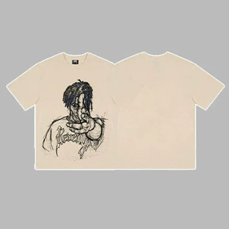 Revenge Pointing Portrait Graphic Short Sleeve T-Shirt Beige