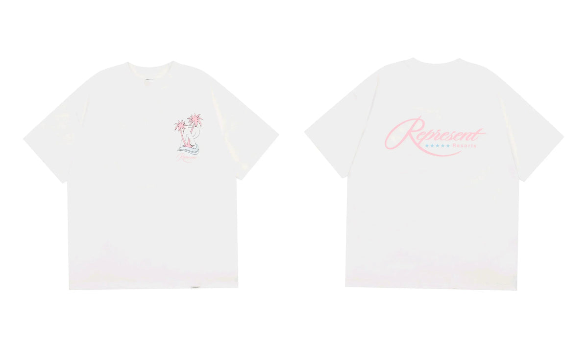 Represent Palm Tree & Cursive Script Graphic T-Shirt - White/Pink