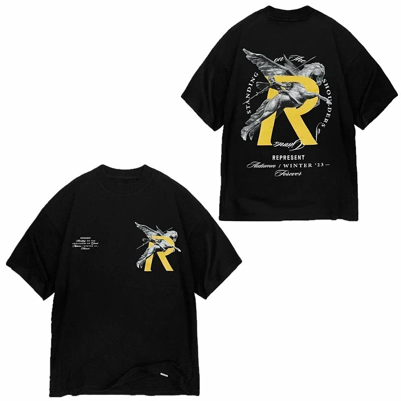 Represent "Standing On Shoulders" Large "R" & Angel Graphic T-Shirt - Black