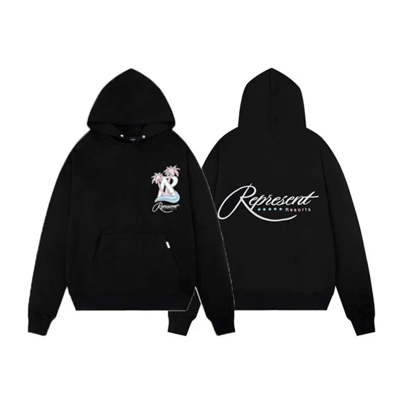 Represent Palm Trees & Pink Script Graphic Heavyweight Hoodie - Black