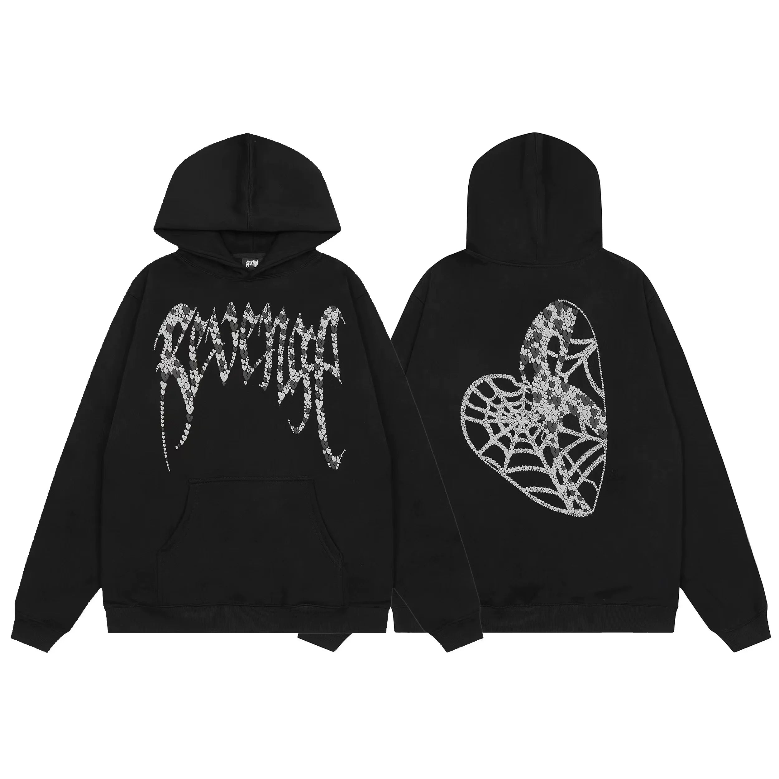 Revenge Rhinestone Spiderweb Heart Arch Logo Pullover Hoodie grey