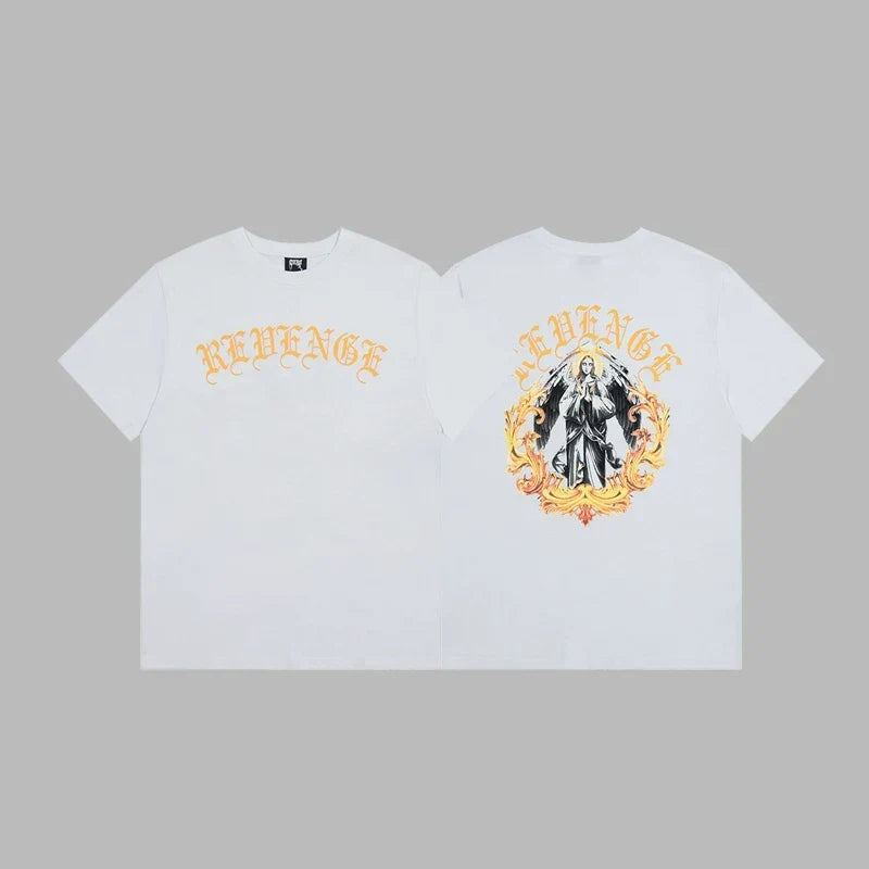 Revenge Yellow Arch Logo & Religious Angel Graphic Short Sleeve T-Shirt (White)