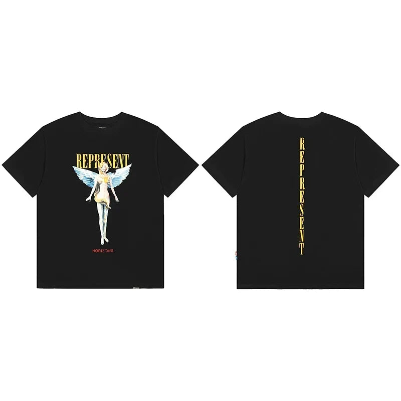 Represent Angel Figurine & Vertical Logo Graphic T-Shirt - Black